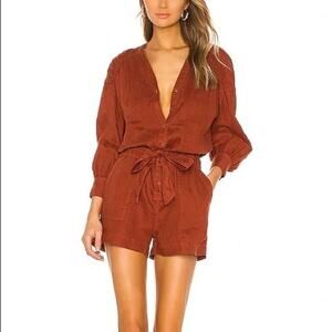 Joie Sepia Linen Long Sleeve Belted Romper Button Up XS Utility Boho Fall Amber